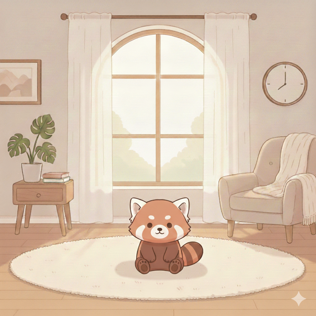 A cozy room with a red panda buddy sitting peacefully