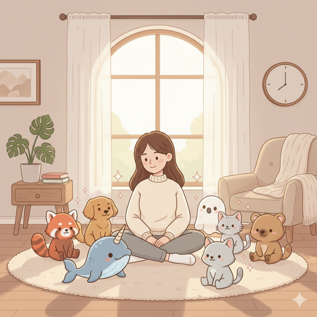 A person sitting peacefully surrounded by all the buddy companions